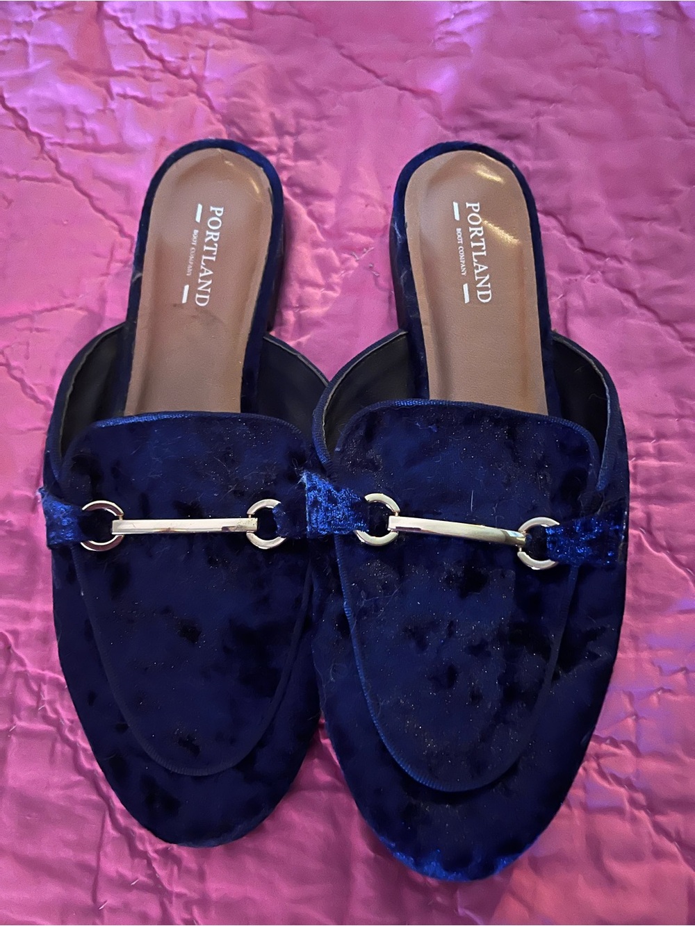 Portland Velvet Navy Mules with Gold Accent size 8